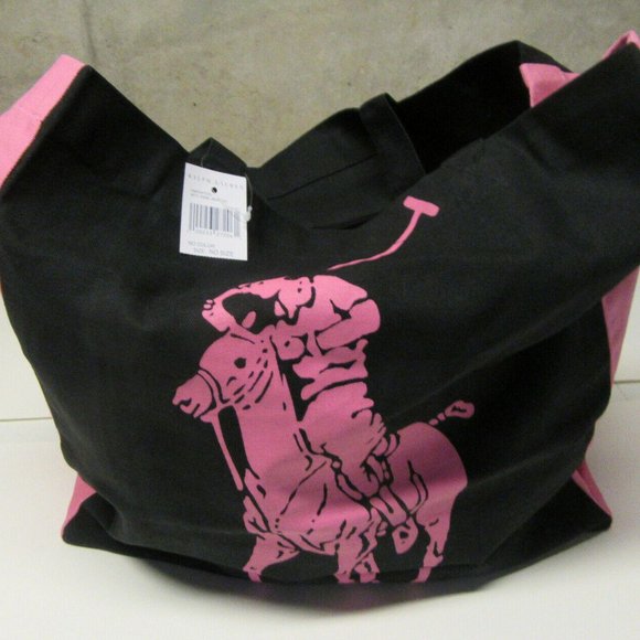 Polo Ralph Lauren Black Canvas Tote RL 2000 Pink Pony Logo - Picture 4 of 5
